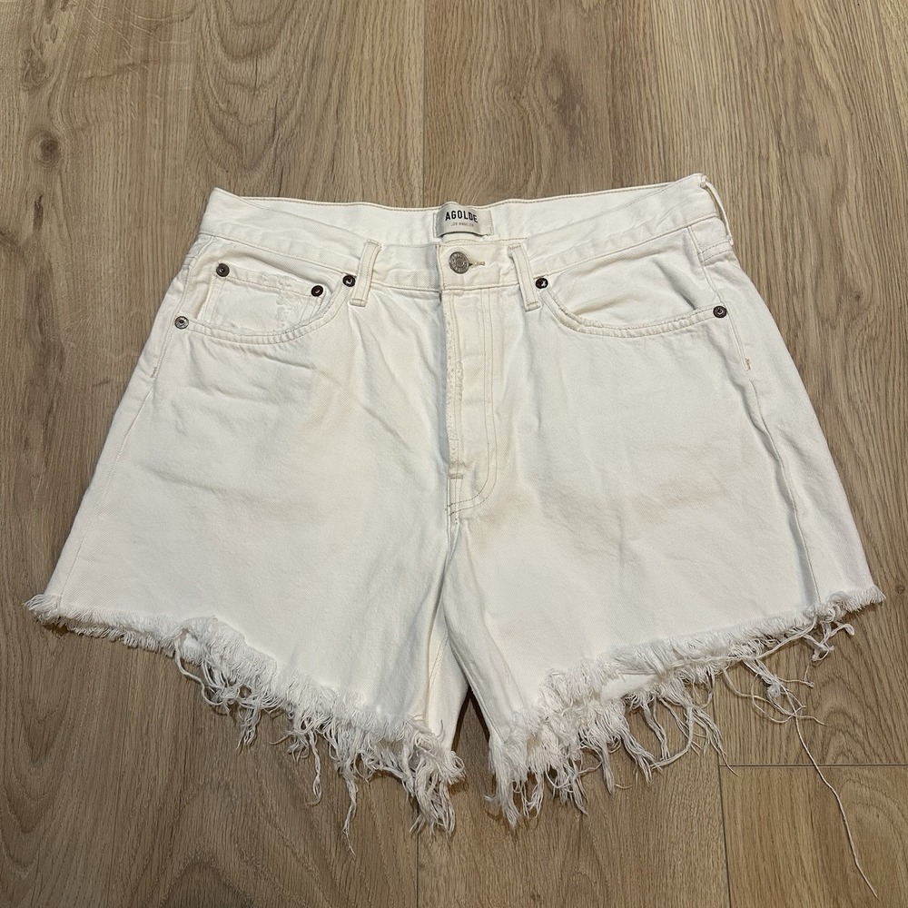 Agolde Parker Long High Rise Button Fly Raw Hem White Denim Shorts 28 Western